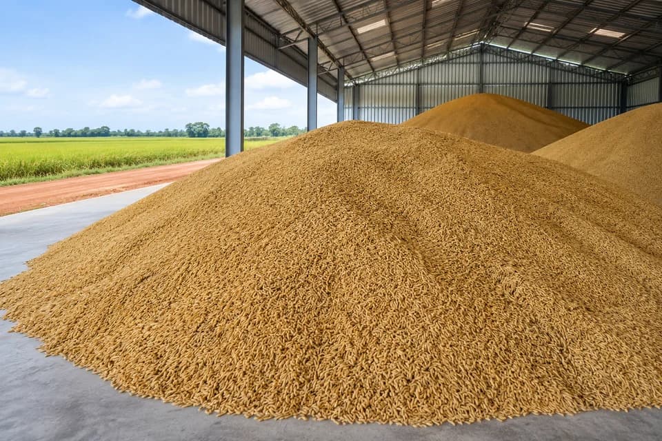 Imagen referencial de Arroz en cáscara · mercadería almacenada; no corresponde al bien específico del edicto.