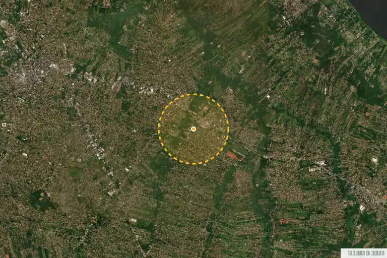 Vista satelital de J. Augusto Saldívar, Paraguay. Zona municipal referencial del inmueble en remate; el círculo no delimita la parcela.