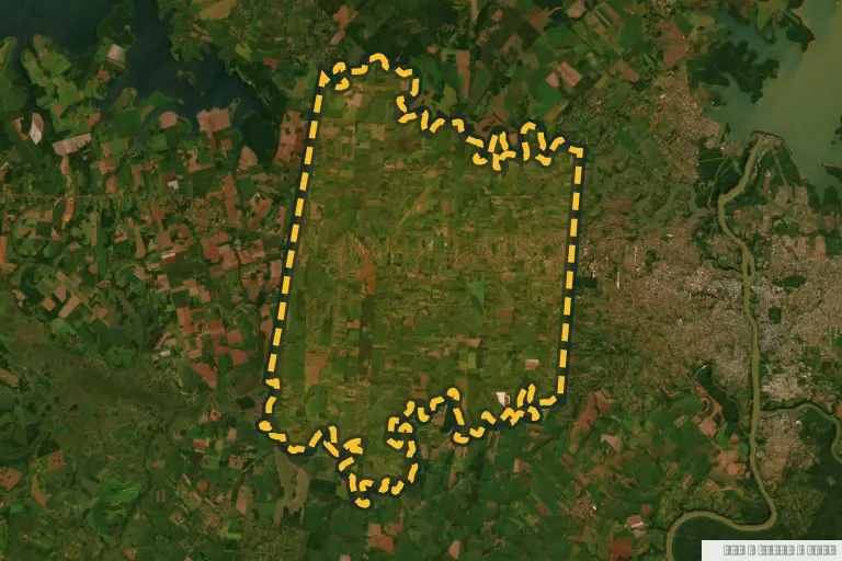 Vista satelital de Minga Guazú, Paraguay. Zona de referencia del inmueble en remate; no delimita la parcela ni identifica el inmueble.